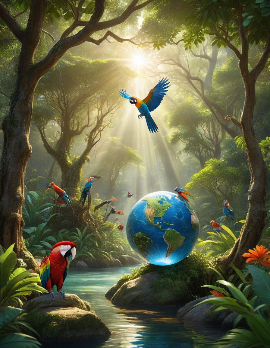 A lush, vibrant forest scene showcasing a diverse array of endangered species including a majestic tiger, a colorful macaw, and a delicate sea turtle. The foreground features conservationists actively engaging with these animals, holding a globe symbolizing Earth while planting trees. Sunlight filters through the leaves, emphasizing the beauty of nature. The image should convey hope and harmony between humans and wildlife. super-realistic. vibrant colors. 3D.