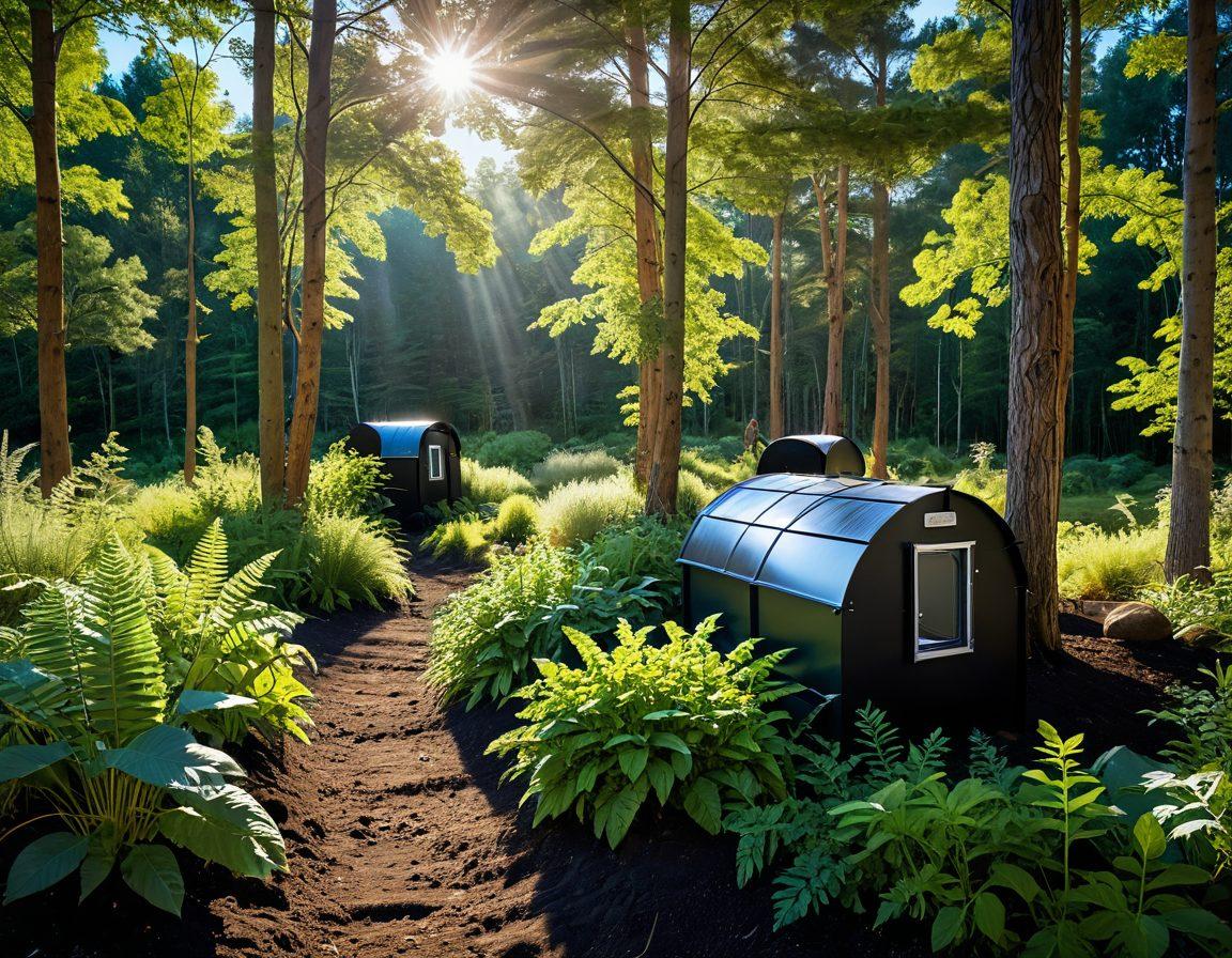 A lush, thriving forest scene with diverse native plants and wildlife, showcasing active habitat restoration efforts by diverse people planting trees and setting up nests. In the background, clear blue skies and gentle sunlight filtering through the leaves create a peaceful atmosphere. Signs of eco-friendly practices, like compost bins and solar panels, are subtly integrated into the landscape. Include vibrant colors to emphasize the richness of biodiversity. super-realistic. vibrant colors. natural light.
