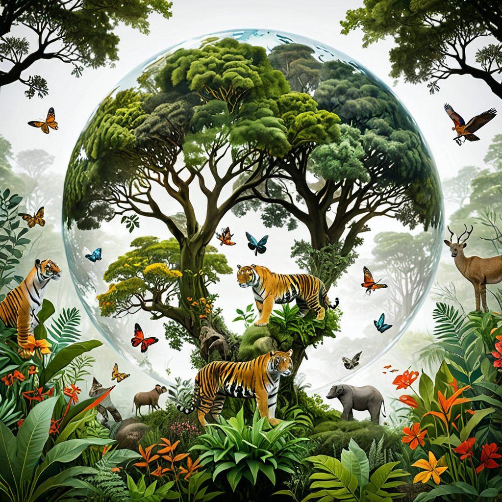 A lush, vibrant forest scene teeming with diverse wildlife, featuring endangered species such as tigers, elephants, and rare birds, interspersed with colorful flora. Display a transparent overlay of a globe highlighting regions with biodiversity hotspots. Include subtle images of conservationists planting trees and monitoring wildlife, symbolizing hope and action. Evoke a sense of harmony between nature and humanity. super-realistic. vibrant colors. white background.